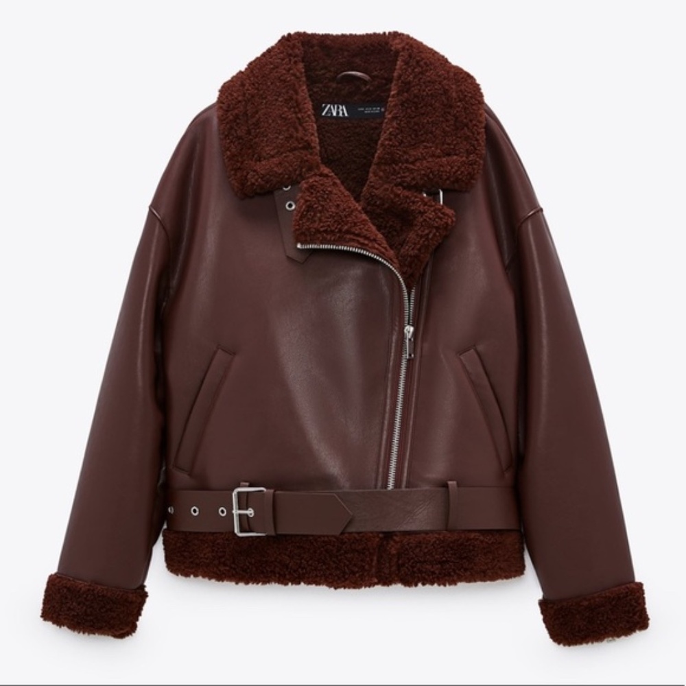 NWOT ZARA Faux Fur Leather Biker Jacket Burgundy XS!